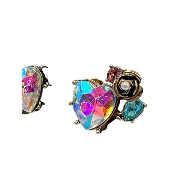Heart Shaped Rhinestone Gold Tone Floral Stud Earrings With Iridescent Crystal - Picture 10 of 10